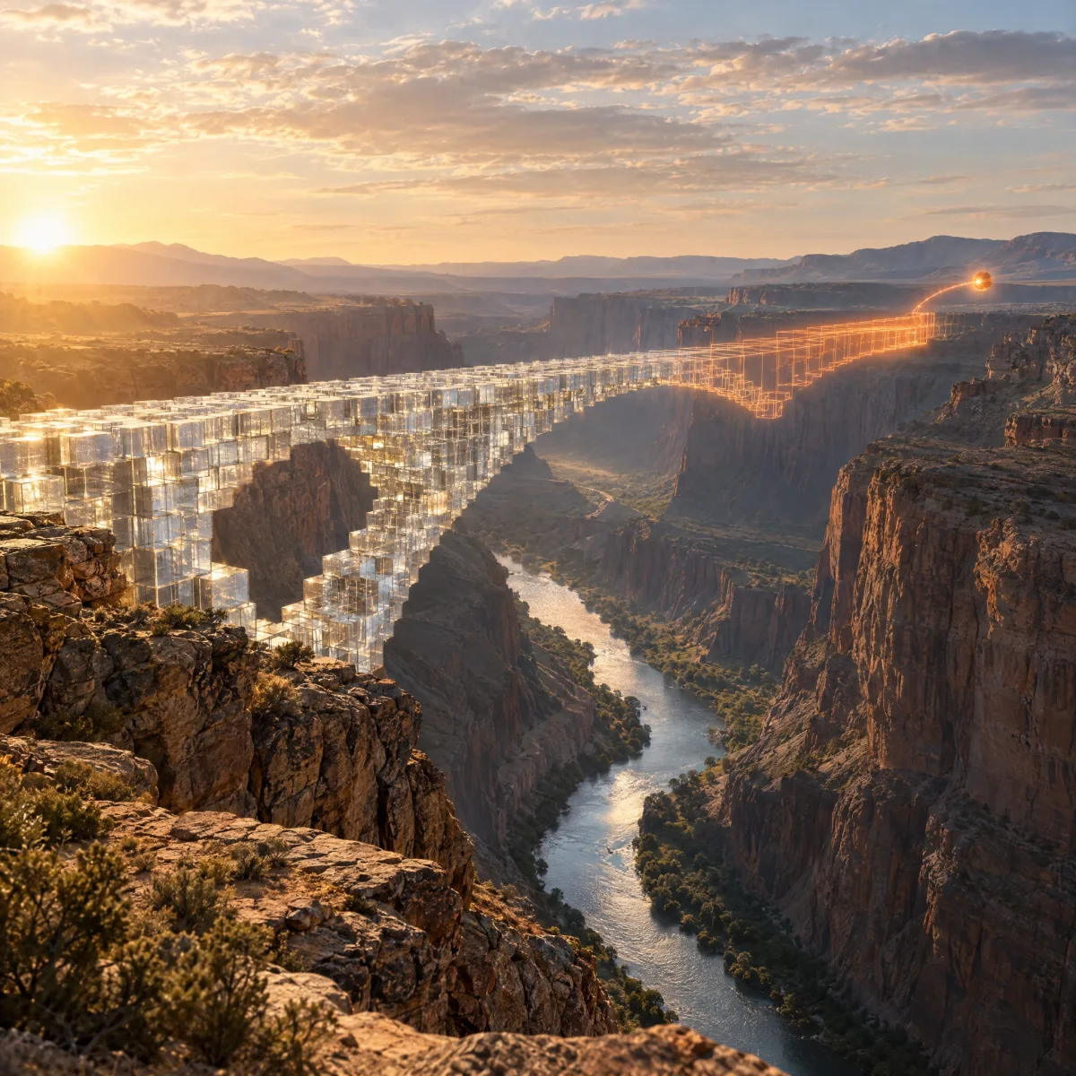 Uma ponte de cubos de vidro atravessa um desfiladeiro ao sol; a outra metade ainda está a ser desenhada em luz laranja por uma esfera luminosa.