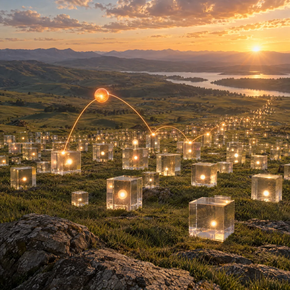 Cubos de vidro, cada um com um ponto de luz, numa encosta verde; uma esfera laranja luminosa liga alguns deles com fios de luz em direção ao horizonte.